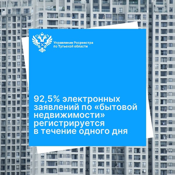 92,5% электронных заявлений по «бытовой недвижимости» регистрируется в течение одного дня.